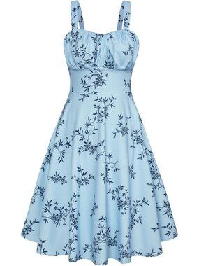 Women's Black Blue Floral Vintage A-Line Midi Cocktail Tea Party Dress